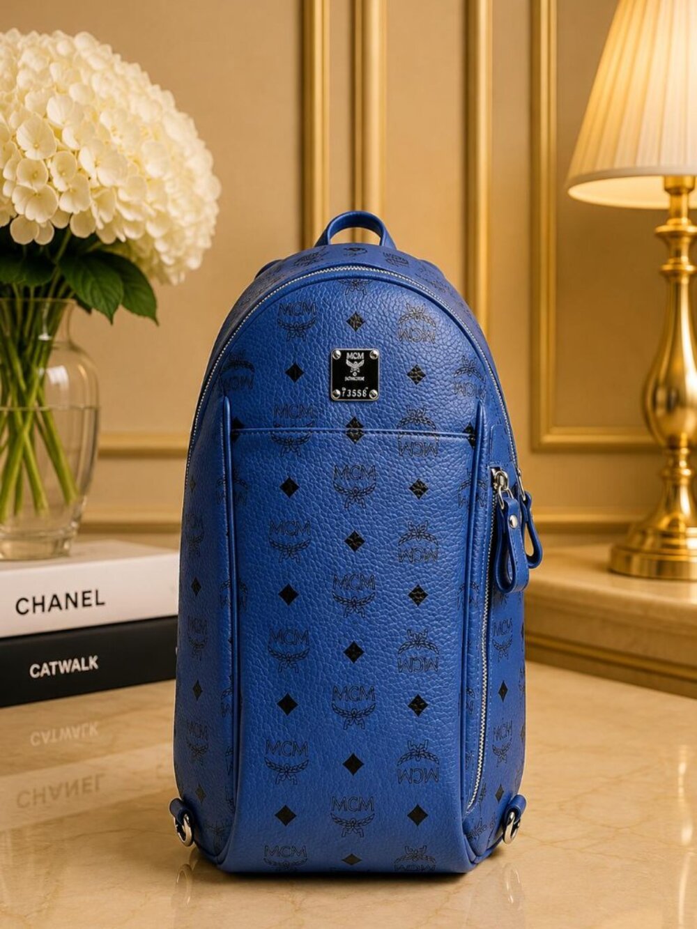 Authentic MCM Stark Blue Visetos Leather Backpack Unisex Designer Bag